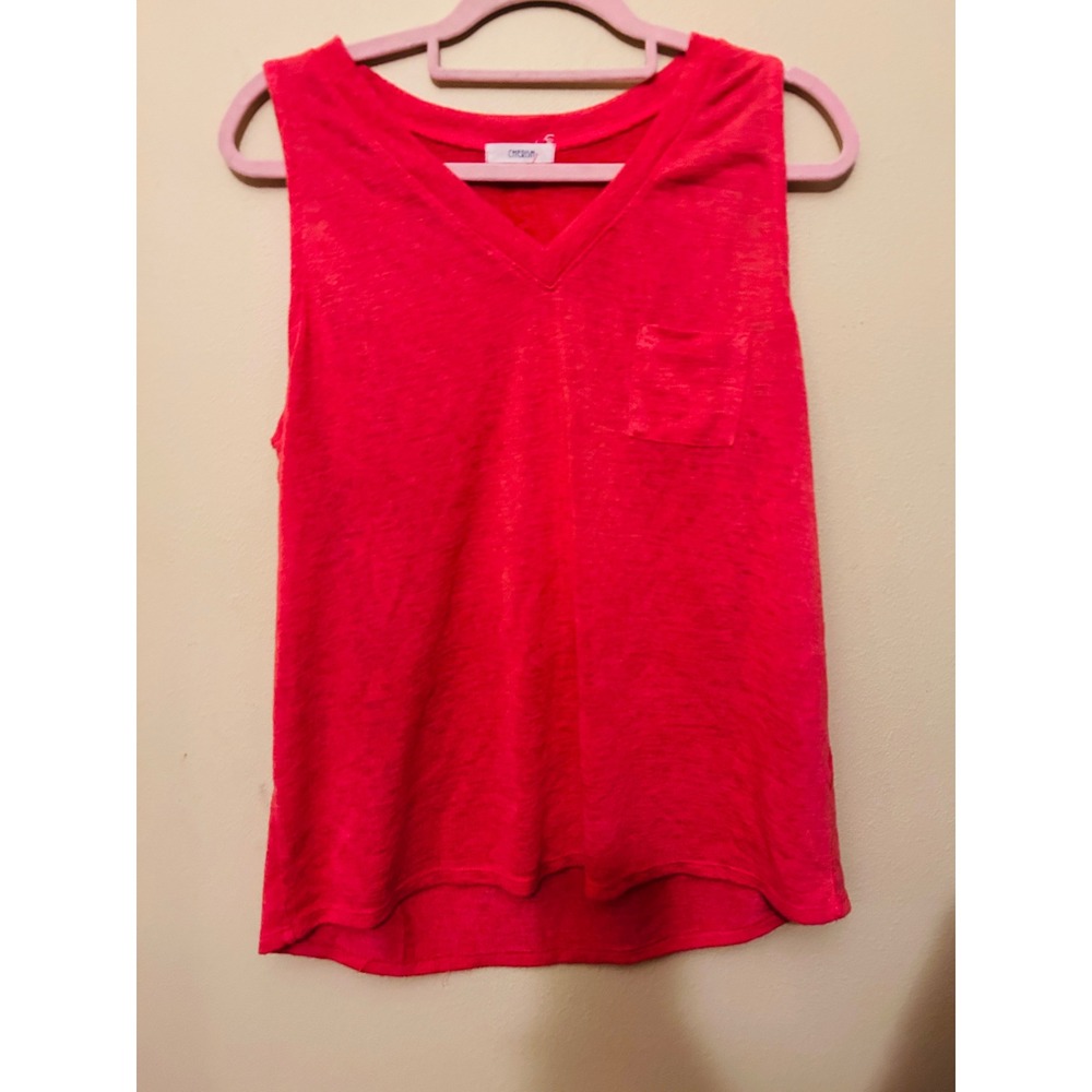 Cherish Tank Top towel terry cloth Large Red V-Neck Slub Knit Pocket Sleeveless